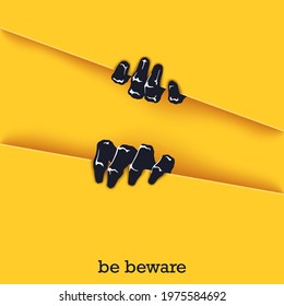 Be beware. Funny poster template for Halloween. Two scaring hands crawl out of the gap. Vector graphics design