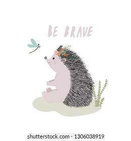 "Be brave" card with hedgehog, vector, handdrawn
