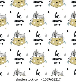 Be brave - Cute hand drawn seamless pattern with animal character and lettering in scandinavian style. Kids vector illustration.