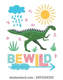 Be brave, be happy. Scandinavian hand drawn illustration with dinosaur, dragon. Children's poster, poster, pajamas.