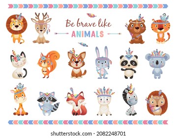 Be brave like animals Cute brave ethnic Indians animals with feathers collection on white Background