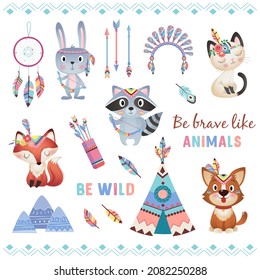 Be brave like animals Cute brave ethnic Indians animals with feathers novelist of dreams wigwam arrows set on white Background