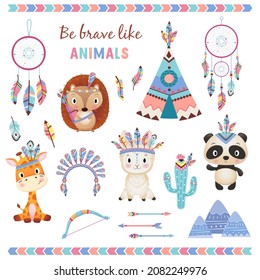 Be brave like animals brave ethnic Indians animals with feathers novelist of dreams wigwam cactus set on white Background