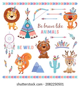 Be brave like animals brave ethnic Indians animals with feathers novelist of dreams wigwam arrows set on white Background