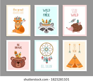 Be brave posters. Woodland wild animals, tribal arrows child fun birthday card. Happy forest adventure raccoon fox deer vector illustration