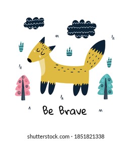 Sé valiente de imprimir con un zorro lindo. Fondo de madera para diseño de bebés y niños. Tarjeta de carácter forestal al estilo escandinavo. Ilustración del vector