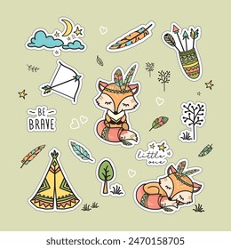 Sé valiente, pegatinas tribales con lindo zorro y varios Elementos étnicos. Paquete de pegatinas para niños con adorable zorrito en estilo escandinavo. Diseño de garabato dibujado a mano. Ilustración vectorial