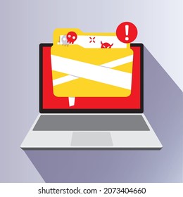 Pass auf, dass der Computer einen Virus hat. Die Datei ist mit einem Virus infiziert. Vektorsymbol.