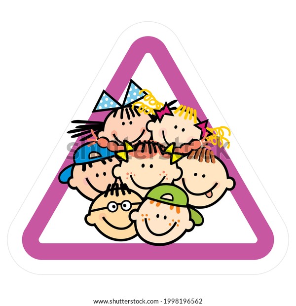 Be careful, kids in the bus. Purple\
triangle frame. Boys and girls on board. Attention, kids on the\
car. School trip. Funny vector\
illustration.