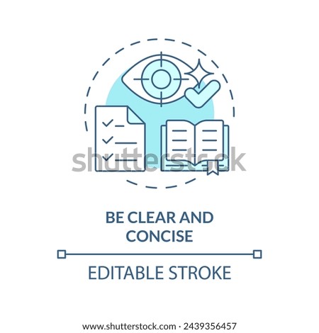 Be clear and concise soft blue concept icon. Prompt engineering tips. Accurate and relevant information. Round shape line illustration. Abstract idea. Graphic design. Easy to use in article