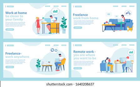 Be Closer to Family Solving Professional Tasks at Home. Freelancing on Soft and Cozy Couch, Wearing House Slippers and Talking to Pet Cat, or Working Anywhere. Remote Employment. Four Landing Pages.