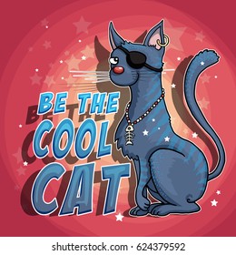 Be the Cool cat, cat character with an eye patch and a fish bone pendant, vector illustration