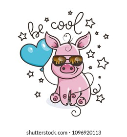 Be cool. Cute cartoon baby pig in a sunglasses with balloon. Vector illustration