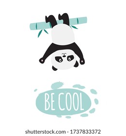 Be cool - cute cartoon panda hanging upside down from bamboo branch - little black and white animal playing on tree stalk. Flat isolated card - vector illustration.