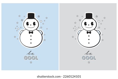 Sé Genial. Ilustraciones de vectores de vectores de caricatura estilo retro con Snowman sonriente sobre fondo gris claro y azul pastel. Vacaciones de Invierno Imprimir ideal para tarjetas, arte de pared, adhesivo, cartel, afiche.