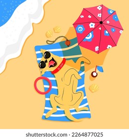 Be cool. The dog lies on the beach under an umbrella in sunglasses. Labrador on vacation. The dog is on vacation. Vacation with a pet. Traveling with a pet.