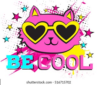 Be cool . Typography graphic print with pink cat in glasses, Abstract fashion drawing for t-shirts. creative design for girls. Illustration in modern style for clothes. Girlish print