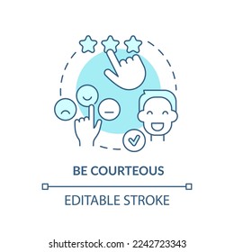 Seien Sie höflich türkisfarbenes Konzeptsymbol. Call Center Kundenservice Agent Technik abstrakte Idee dünne Linie Illustration. Einzeln Umrisszeichnung. Bearbeitbarer Strich. Arial, Myriad Pro Fett Schriftarten verwendet