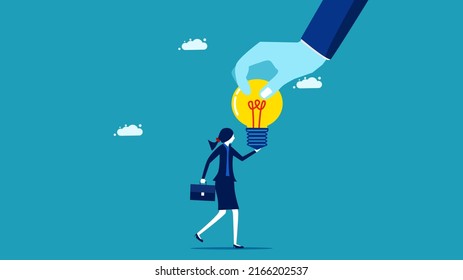 Be creative. A business woman gets an idea light bulb. business concept vector 