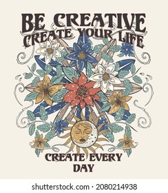 Be creative ,create your life,create every day.70's Retro groovy slogan print .Hipster graphic vector pattern for tee - t shirt and sweatshirt