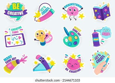 Be creative cute stickers set in flat cartoon design. Bundle of brainstorming, book reading, inspiration, idea generation, art creation and other. Vector illustration for planner or organizer template