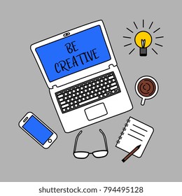 Be creative. Office desk table with laptop, pencil, blank screen smartphone, notebook, and cup of coffee. Business desk table concept.