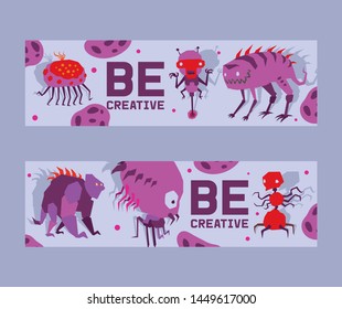 Be creative set of banners vector illustration. Cartoon monstrous character with many legs, eyes, creature or funny gremlin on halloween for kids. Ugly ufo beasts for invitation cards.
