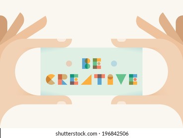 Be creative vintage style badge in human hands. Concepts: creativity, art, graphic design,  Photoshop painting, digital lifestyle, designers, illustrators, sharing ideas online etc.