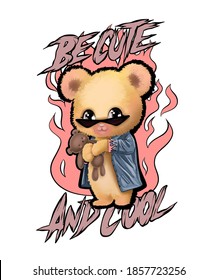 Be cute and cool slogan with cute bear toy in sunglasses carrying guitar illustration