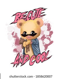 Be cute and cool slogan with cute bear toy in sunglasses carrying guitar illustration