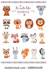 Be cute like animals Cute summer and Spring animals collection , flower wreath on white Background