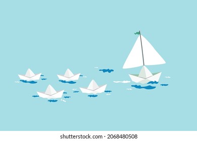 Be different or innovative to win business competition, competitive advantage, leadership or skill to achieve success concept, origami paper boats competition with extra innovative sailing leader.