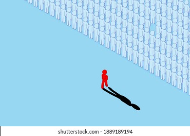 Sea diferente y nuevo concepto de innovación: Un grupo de hombres blancos, azules, permanecen inactivos y un hombre rojo está saliendo del grupo.