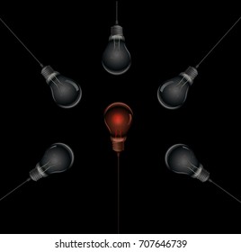  to be different, red hot bulb in the middle of the dark bulbs, hot idea, vector