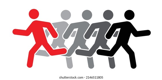 be different. Runaway stickman. Running sports. Vector man stick figure. Teamwork icon or pitcogtram. People flee route. Business Concept. Team work symbol. Leadership logo. strategy