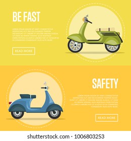 Be fast flyers with classic city mopeds. Personal mobility and transportation, vintage scooter, urban compact motorcycle. Motorbike shop advertising campaign, new sale proposition vector illustration.