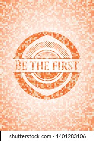Be the first orange tile background illustration. Square geometric mosaic seamless pattern with emblem inside.