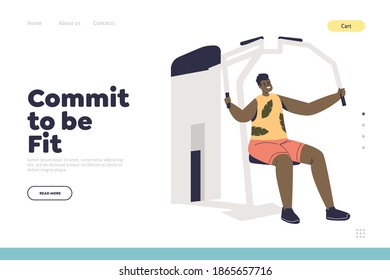 Be fit concept of landing page with man exercising on gym sport machine and training arm muscles. Young male on trainer apparatus. Sport, fitness and workout. Flat vector illustration