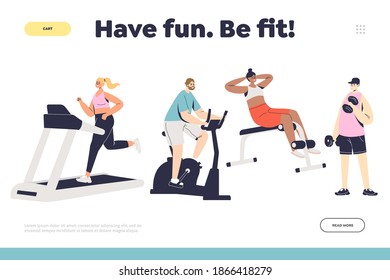 Be fit concept of landing page with people exercising. Cartoon character training on trainer machines. Sport, fitness, workout and healthy lifestyle. Flat vector illustration