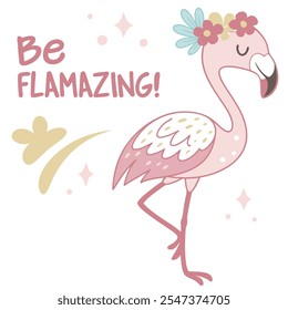 Be Flamazing! Pink Bird with Floral Crown Vector Design