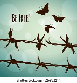 Be free! Conceptual illustration of barbed wire turning into butterflies