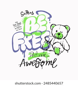 be free graffitti spray painted style with cartoon bear doll splatter vector illustration