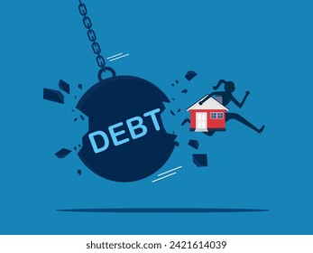 Be free from home debt. woman holding house destroys debt ball 