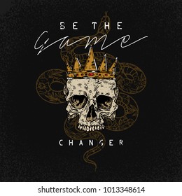 Be the game changer slogan. Snake with skull.Rock and roll girl patch. Typography graphic print, fashion drawing for t-shirts .Vector stickers,print, patches vintage