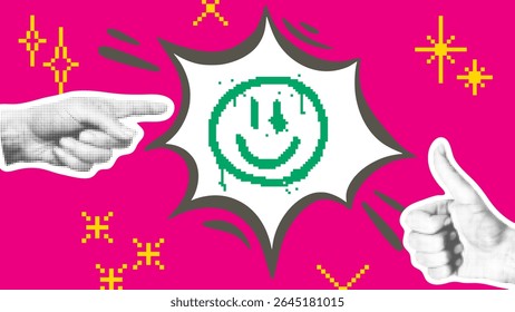 Be in good mood contemporary mixed media collage. Index finger pointing to speech bubble with positive smiley face. Hand with thumb up halftone. Banner vector graphic
