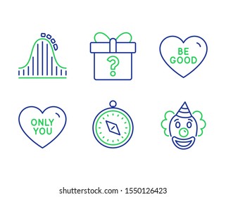 Be good, Secret gift and Roller coaster line icons set. Only you, Travel compass and Clown signs. Love sweetheart, Unknown package, Attraction park. Love heart. Holidays set. Vector