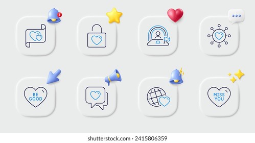 Be good, Wedding locker and Friends world line icons. Buttons with 3d bell, chat speech, cursor. Pack of Dating network, Lgbt, Love letter icon. Heart, Miss you pictogram. Vector