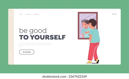 Be Good to Yourself Landing Page Template. Youngster Looking Into a Mirror Reflective Surface, Observing his Appearance, Displaying Expressions Disbelief Or Self-awareness. Cartoon Vector Illustration