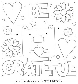 Be grateful. Coloring page. Black and white vector illustration of a bear with a heart
