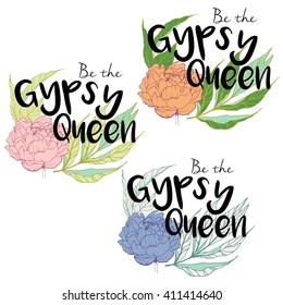 Be the Gypsy queen vector illustration of set of peony bouquet in trendy colors of 2016. Rose quartz, serenity, mint green, peach. Hand drawn engraving colored print. 